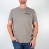 Light-gray t-shirt, front with  James Bean written on the left peck. Man is using the shirt.