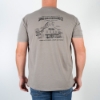 Light-gray t-shirt, back with  distillary image. Man is wearing the shirt.