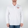 White polo shirt seen from the front. A man is wearing it.