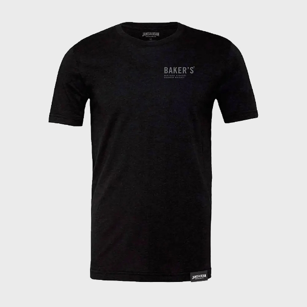 Black t-shirt with “Baker’s” written in Gray on the left peck.