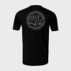 Back of the black t-shirt. A gray circle with “Baker’s single barrel” written inside the circle.
