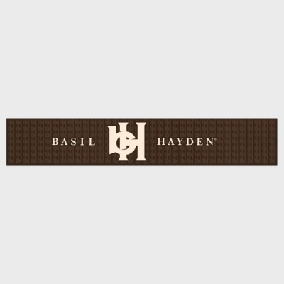 Brown Basil Hayden Bar Mat, with white letters on gray background.