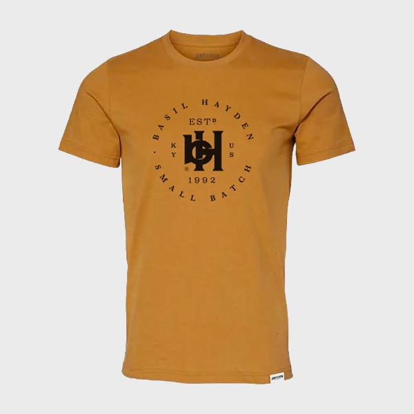 The front of the shirt features the Basil Hayden logo, with “Basil Hayden Small Batch” written in a circular design around the logo.