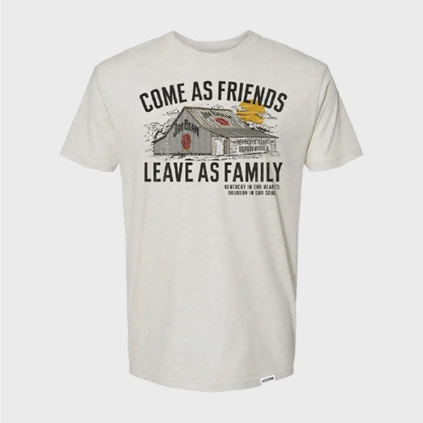 White tee with an illustrated Jim Beam barn. Around the barn is written “Come as friends, leave as family”
