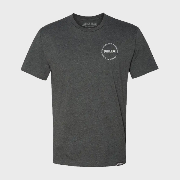 Front of the dark-gray t-shirt. It is written in white on the left peck “James B. Beam”.