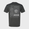 The back of the t-shirt features an illustration of the distillery blue-print. “The hardest working still in America” is written in white.