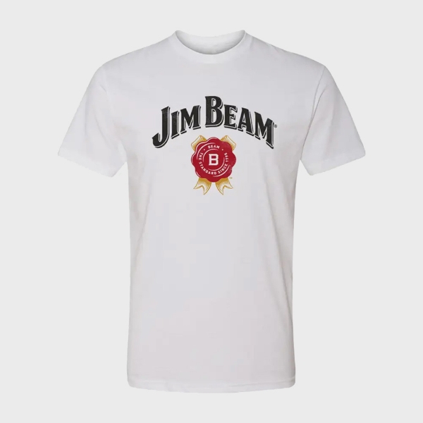 White t-shirt with Jim Beam written in black on the top, with a red logo underneath
