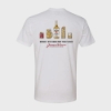 Back of the t-shirt, written  "Drink it any damn way you please", with images of several drinks.