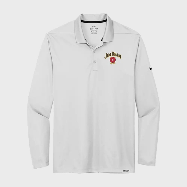 Front of the white polo shirt. On the left peck it is written “Jim Beam” with a red symbol under.