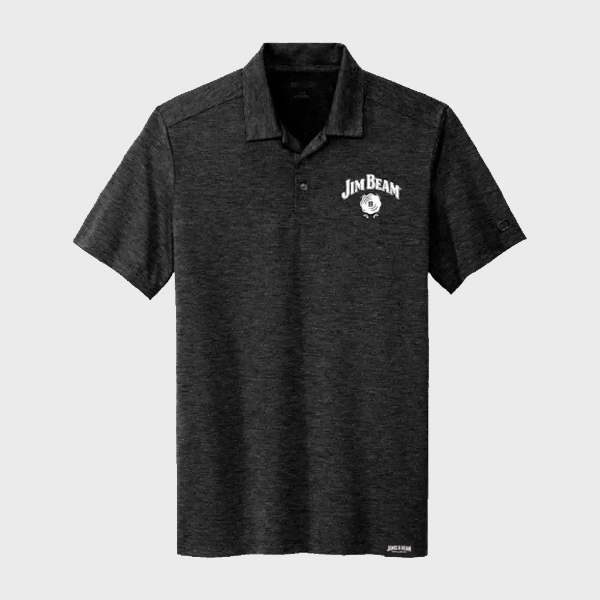 A black polo shirt with “Jim Beam” written in white on the left peck.