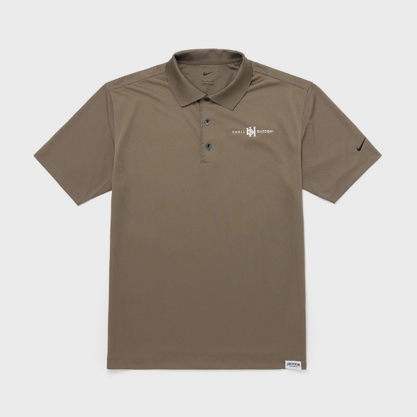 Image of a khaki polo with white Basil Hayden logo