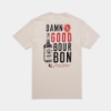 back view of t-shirt printed with Damn Good Bourbon and image of a Jim Beam bottle